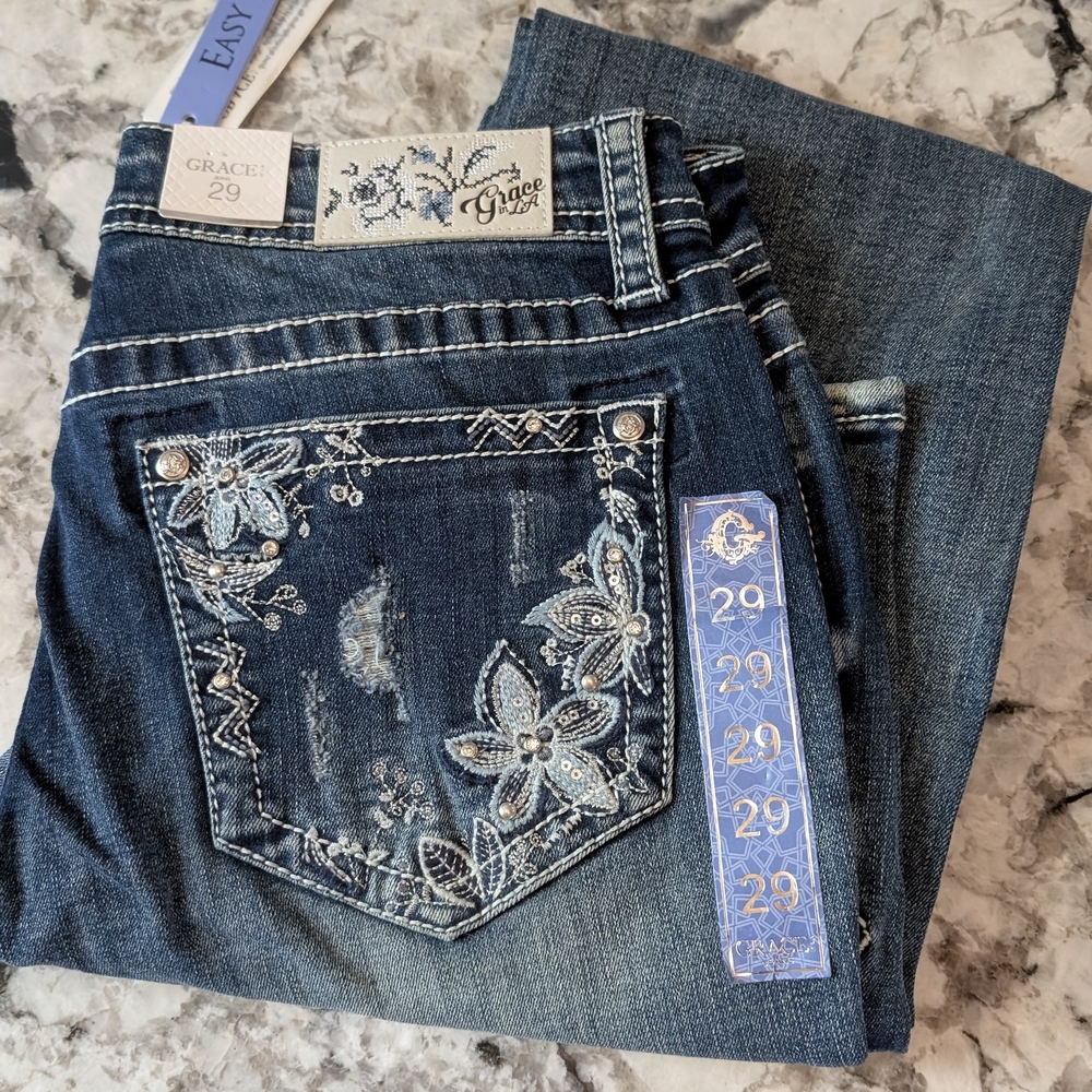 Grace in LA Women's Dark Blue Floral Boot Cut Jeans